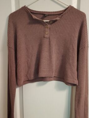 SHEIN Cropped Waffle-Knit Henley Sweatshirt - Mauve Brown